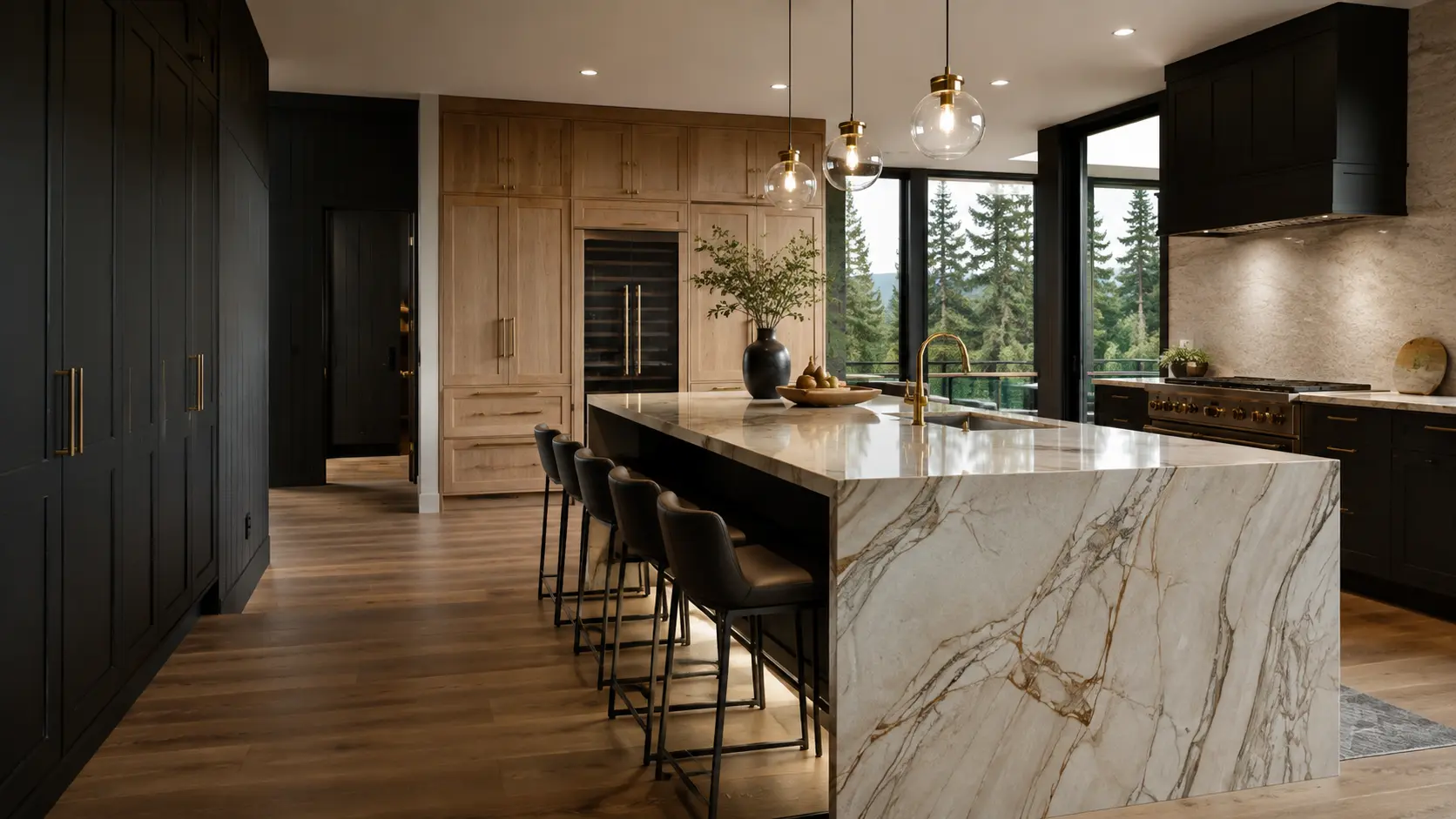 Luxury kitchen remodel with a stone waterfall island