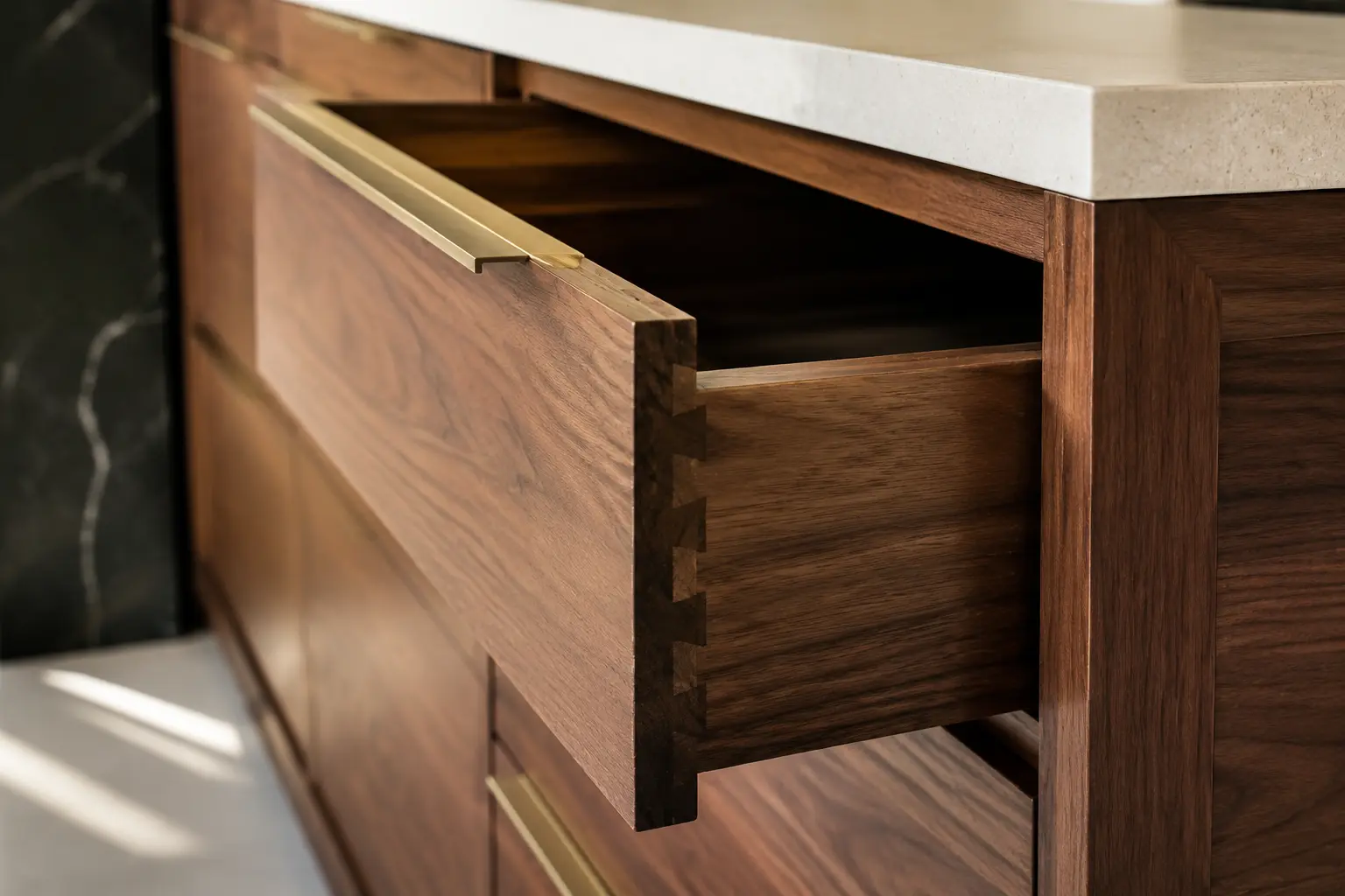 Custom walnut drawer with dovetail joinery and champagne brass hardware