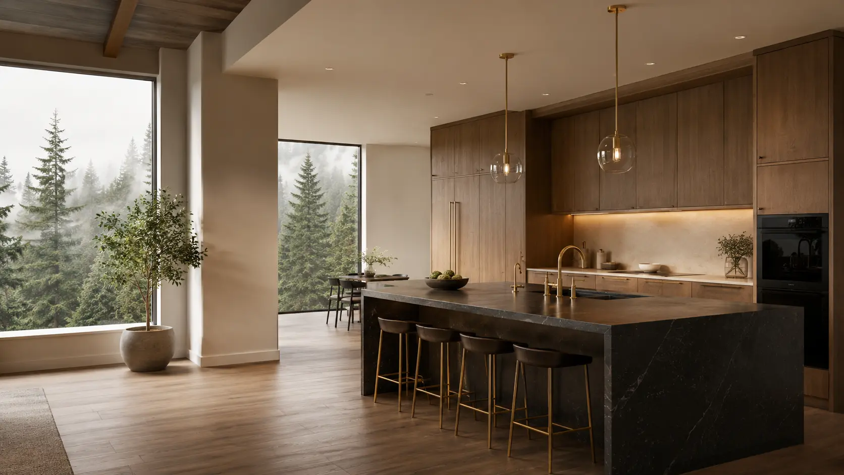 Luxury Pacific Northwest kitchen with a charcoal waterfall island and evergreen views