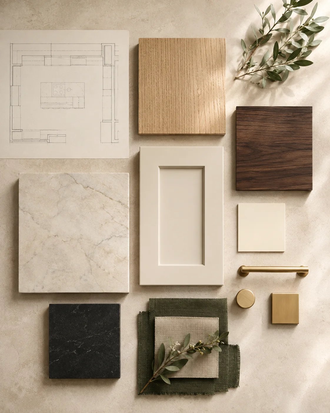 Kitchen material palette with oak, walnut, ivory stone, charcoal and brass