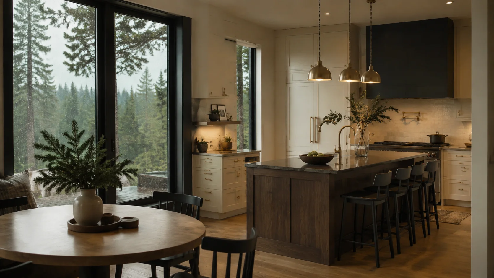 Warm Pacific Northwest kitchen and dining space overlooking evergreen trees