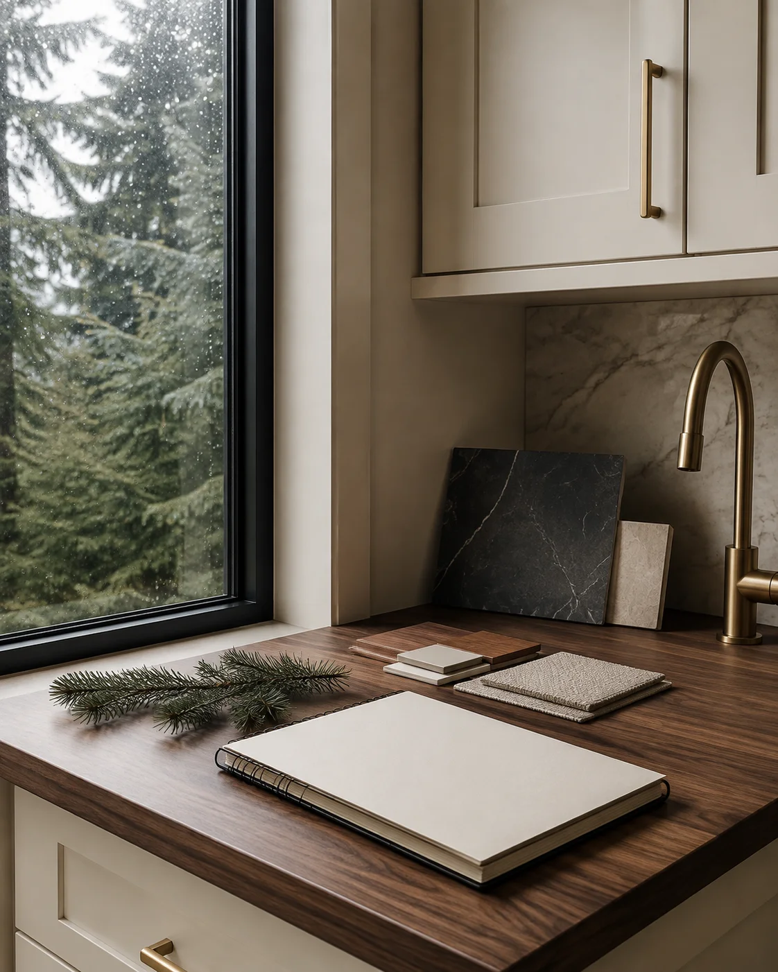 Kitchen design materials beside ivory cabinetry, walnut counter and a rain-covered window