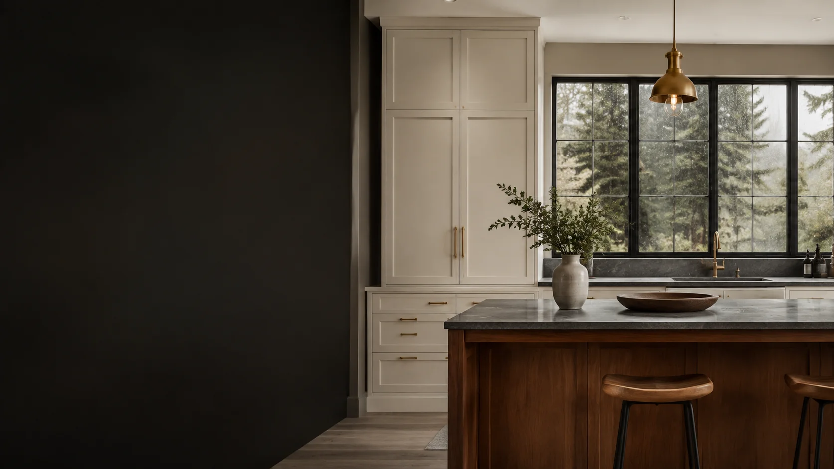 Warm Pacific Northwest kitchen with ivory cabinetry, walnut island and evergreen views