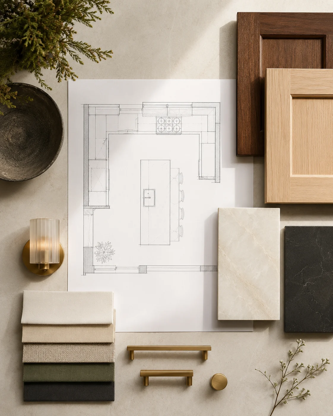 Kitchen design plan with walnut, oak, ivory stone, charcoal and brass material samples