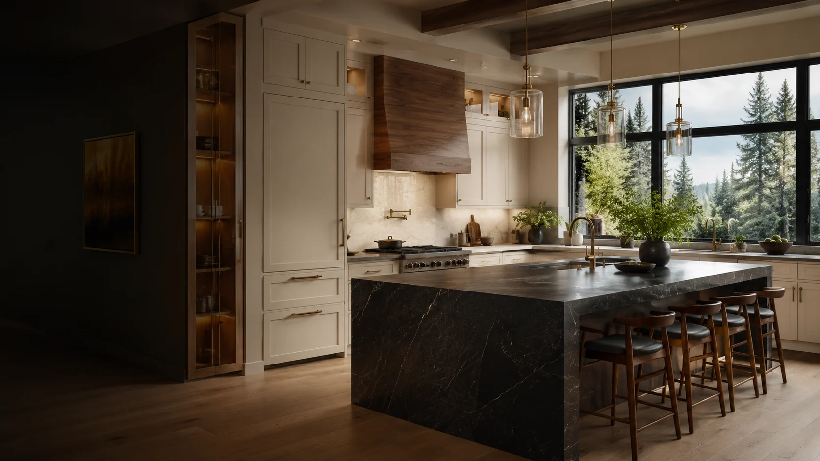 Luxury Pacific Northwest kitchen with ivory cabinetry, charcoal island and evergreen views