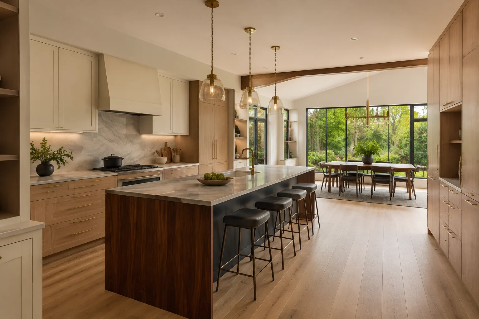 Complete kitchen transformation with white oak cabinetry, walnut island and connected dining space
